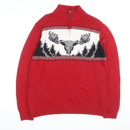 Chaps Men's Red Cotton 1/4 Zip Moose Knit Jumper L