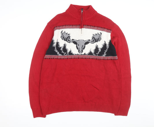 Chaps Men's Red Cotton 1/4 Zip Moose Knit Jumper L