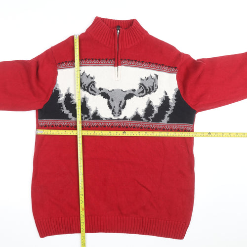 Chaps Men's Red Cotton 1/4 Zip Moose Knit Jumper L