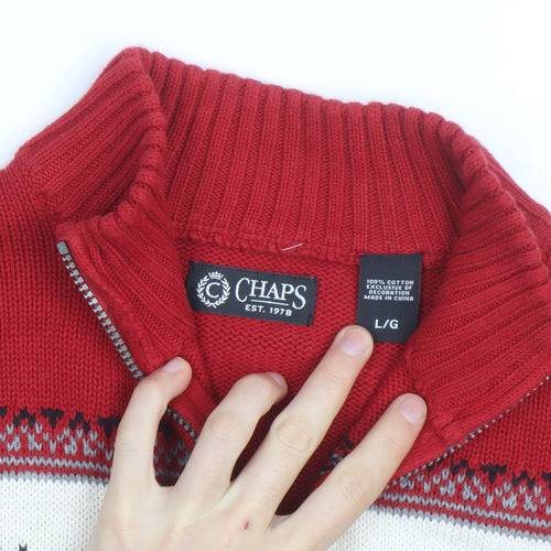 Chaps Men's Red Cotton 1/4 Zip Moose Knit Jumper L