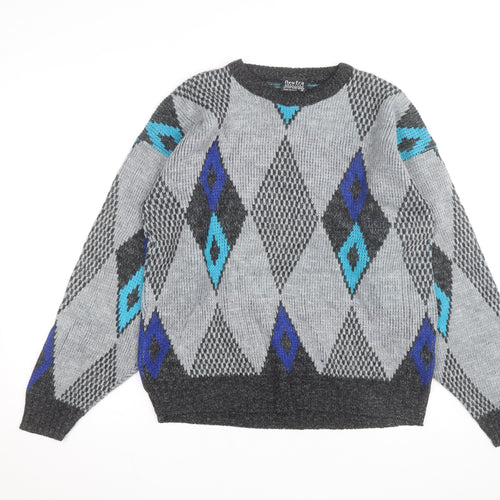 New Era Men's Grey Argyle Knit Pullover Jumper Size M Retro Vintage