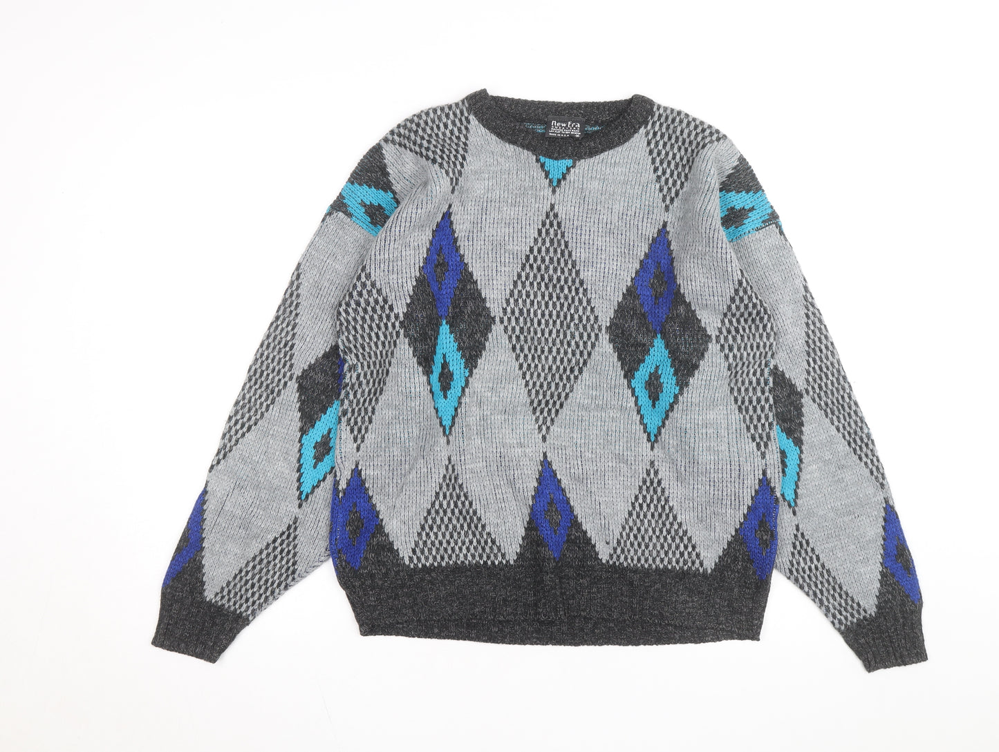 New Era Men's Grey Argyle Knit Pullover Jumper Size M Retro Vintage