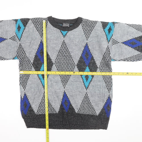 New Era Men's Grey Argyle Knit Pullover Jumper Size M Retro Vintage