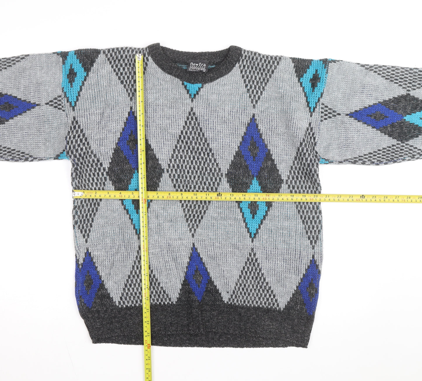 New Era Men's Grey Argyle Knit Pullover Jumper Size M Retro Vintage