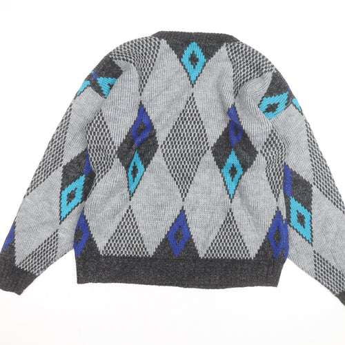 New Era Men's Grey Argyle Knit Pullover Jumper Size M Retro Vintage