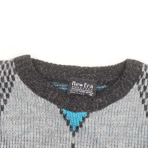 New Era Men's Grey Argyle Knit Pullover Jumper Size M Retro Vintage
