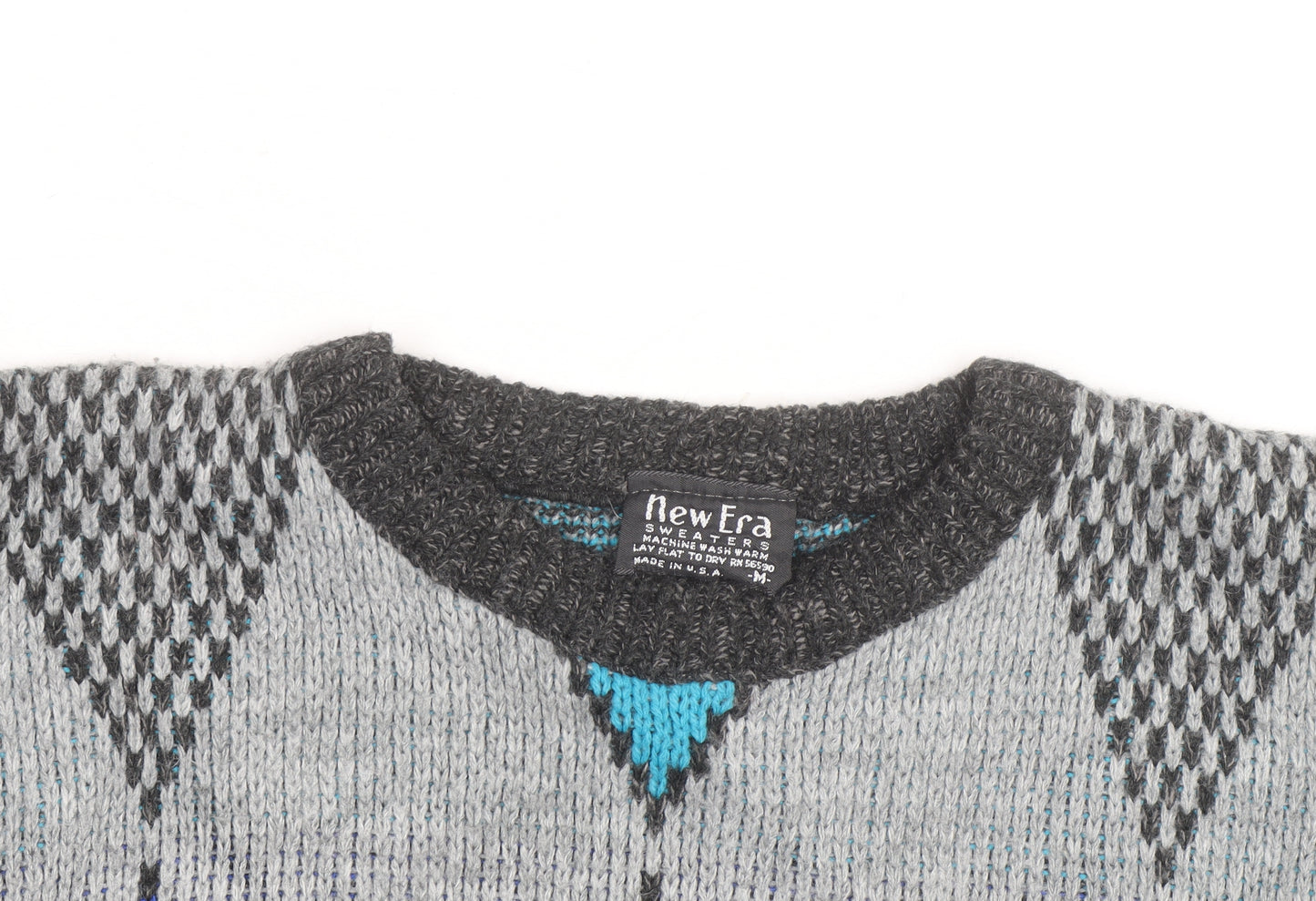 New Era Men's Grey Argyle Knit Pullover Jumper Size M Retro Vintage