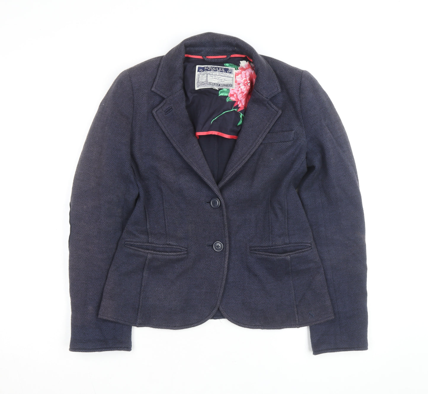 Joules Women's Navy Wool Blend Herringbone Blazer Size 10 Slim Fit