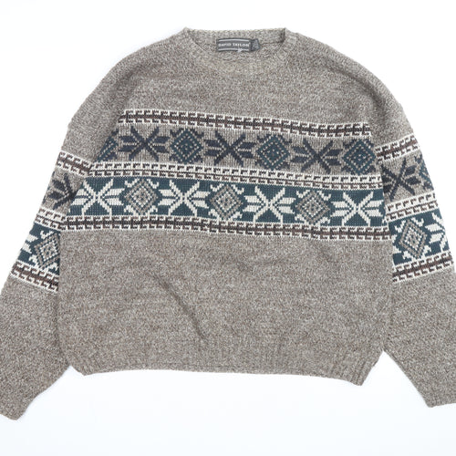 David Taylor Men's Brown Fair Isle Crew Neck Acrylic Jumper L