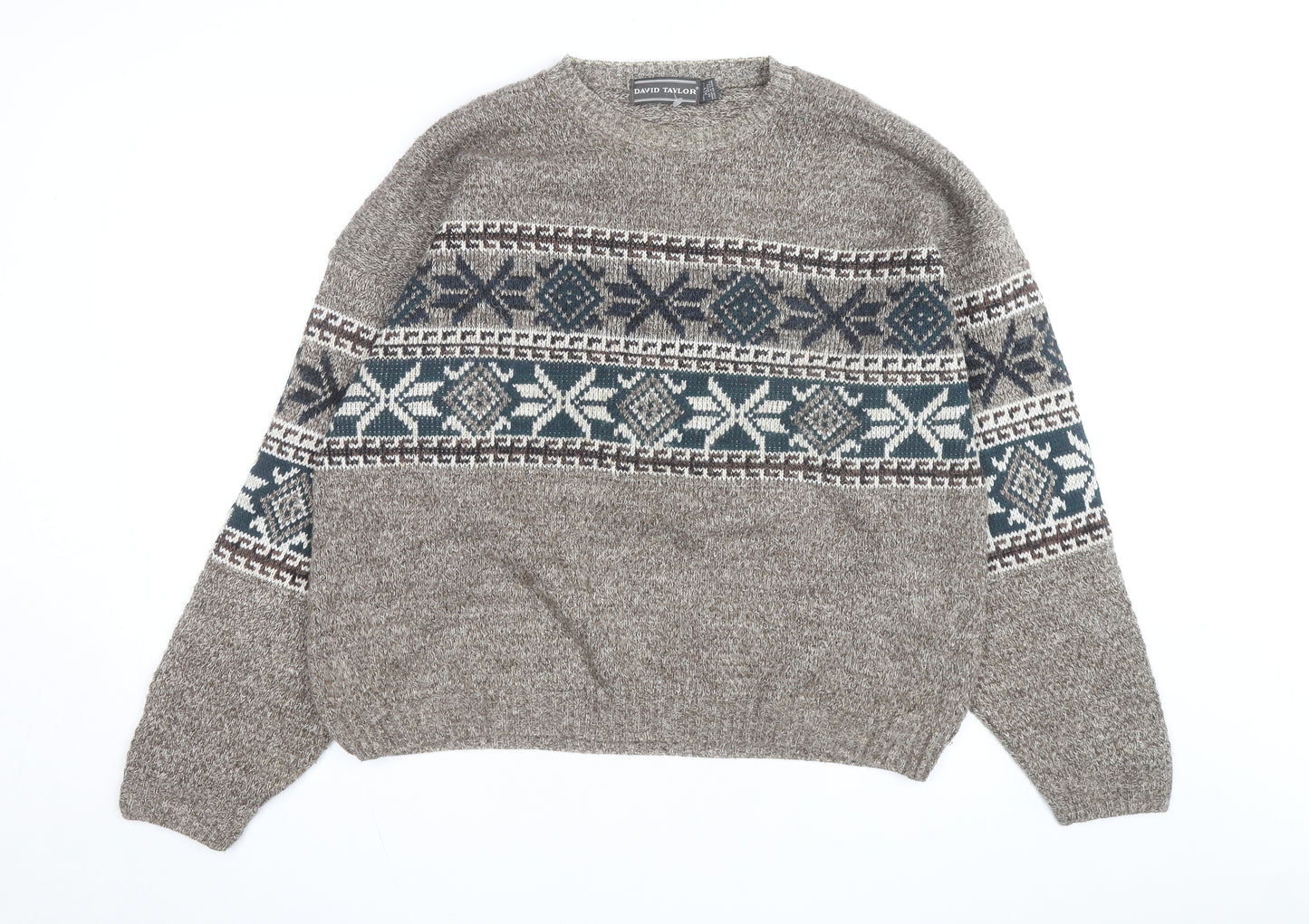 David Taylor Men's Brown Fair Isle Crew Neck Acrylic Jumper L