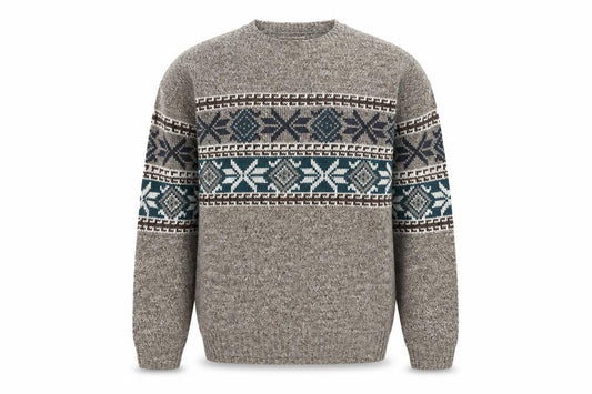 Front view of David Taylor Men's Brown Fair Isle Crew Neck Acrylic Jumper L