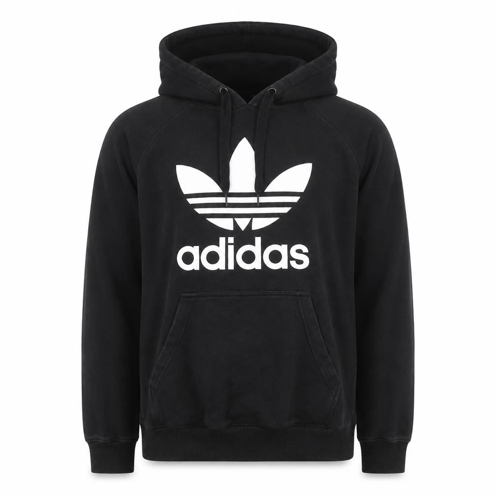 Front view of Adidas men’s black pullover hoodie, size L, logo sportswear