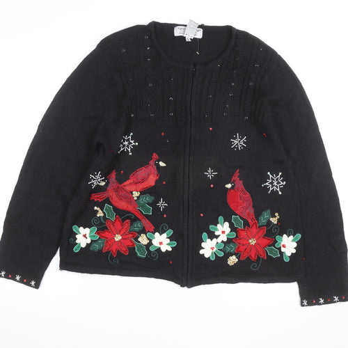 Tiara International Women’s Black Christmas Cardigan XL Embroidered Zip Knit
