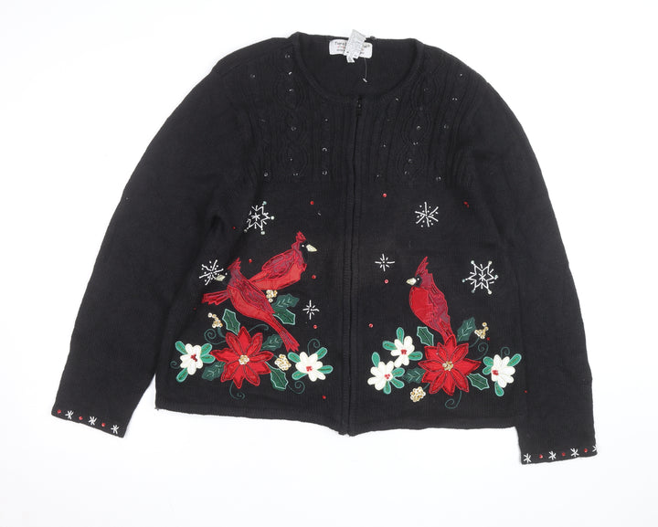 Tiara International Women’s Black Christmas Cardigan XL Embroidered Zip Knit