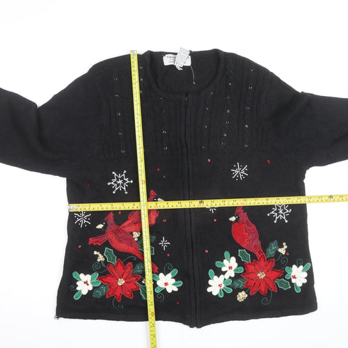 Tiara International Women’s Black Christmas Cardigan XL Embroidered Zip Knit