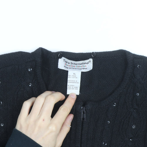 Tiara International Women’s Black Christmas Cardigan XL Embroidered Zip Knit