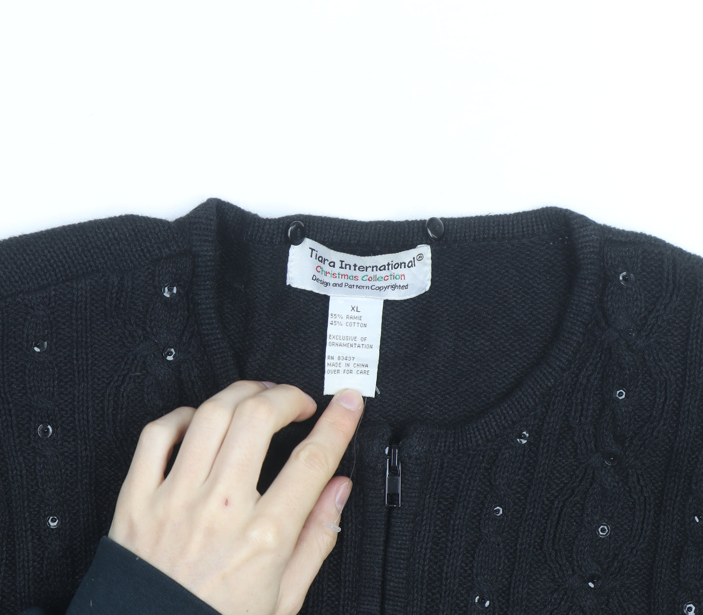 Tiara International Women’s Black Christmas Cardigan XL Embroidered Zip Knit