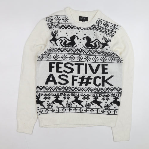 boohooMAN Men's White Christmas Graphic Knit Jumper Size S
