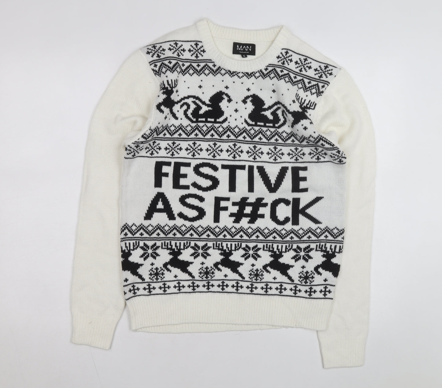 boohooMAN Men's White Christmas Graphic Knit Jumper Size S