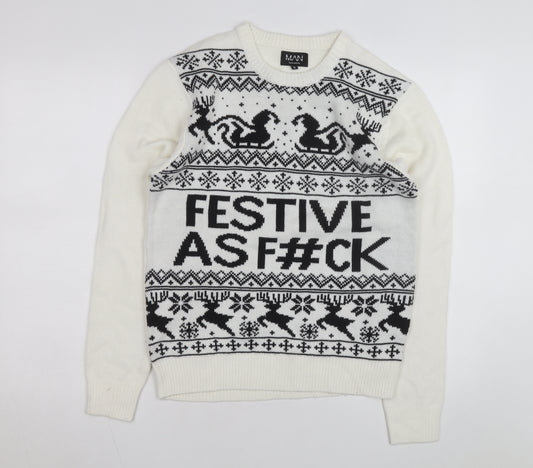 boohooMAN Men's White Christmas Graphic Knit Jumper Size S
