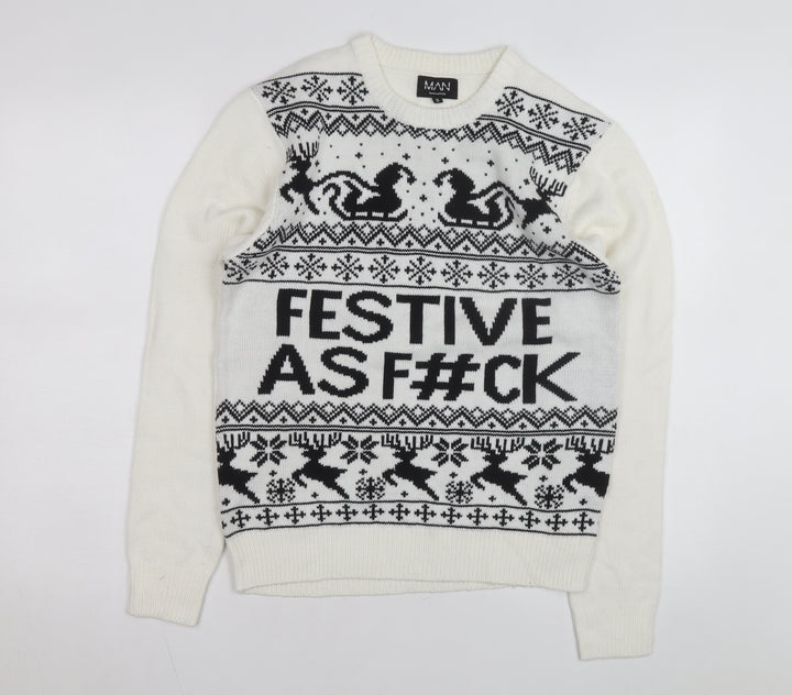 boohooMAN Men's White Christmas Graphic Knit Jumper Size S