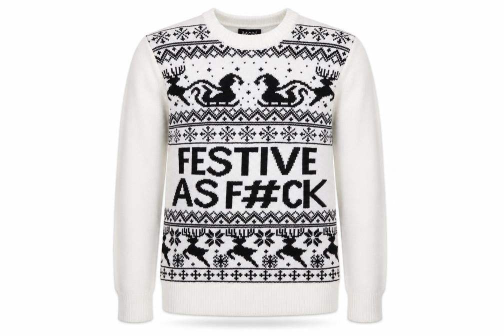 boohooMAN Men's White Christmas Graphic Knit Jumper Size S