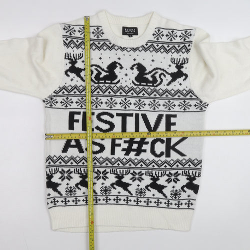 boohooMAN Men's White Christmas Graphic Knit Jumper Size S
