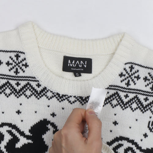 boohooMAN Men's White Christmas Graphic Knit Jumper Size S