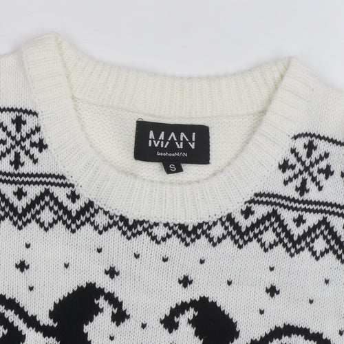 boohooMAN Men's White Christmas Graphic Knit Jumper Size S