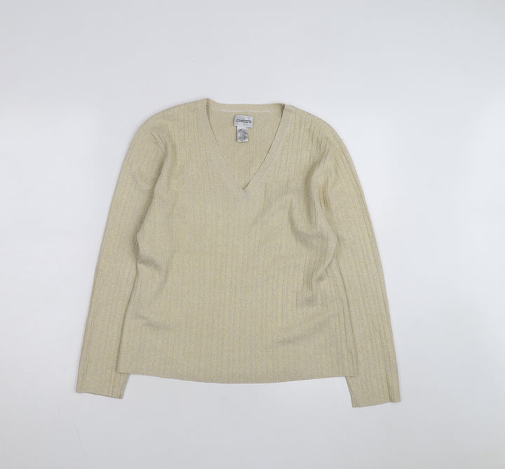 Chico's Women's Beige V-Neck Silk Blend Long Sleeve Jumper Size 14