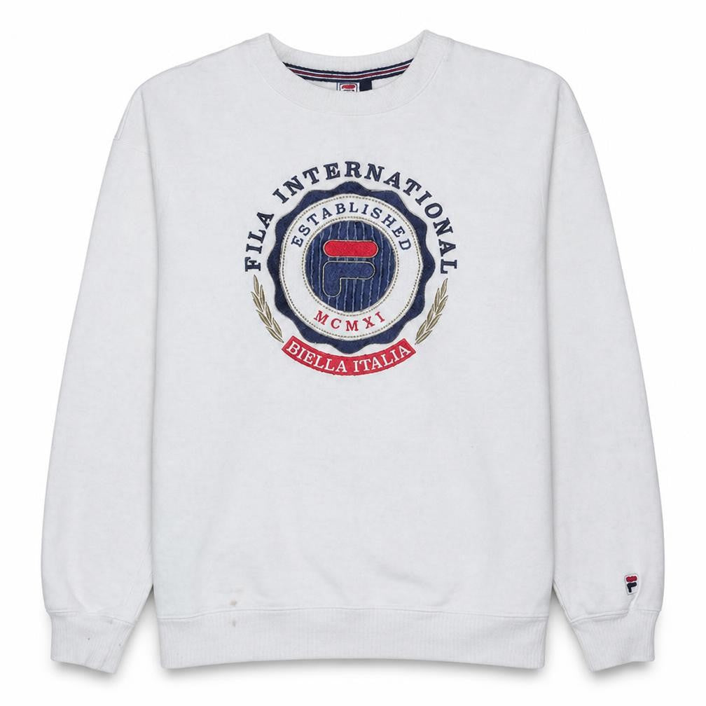 Front view of Fila Men's White Embroidered Pullover Sweatshirt Small Regular Fit