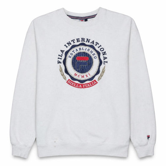 Front view of Fila Men's White Embroidered Pullover Sweatshirt Small Regular Fit