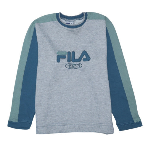 FILA Men's Grey Pullover Sweatshirt M Embroidered Logo Retro Fleece