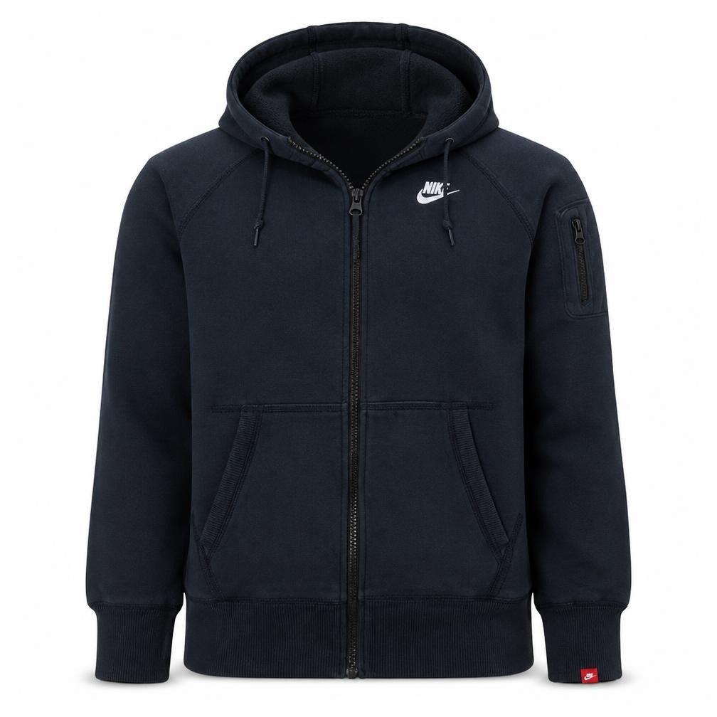 Front view of Nike men’s black full zip hoodie sweatshirt, size M, regular fit