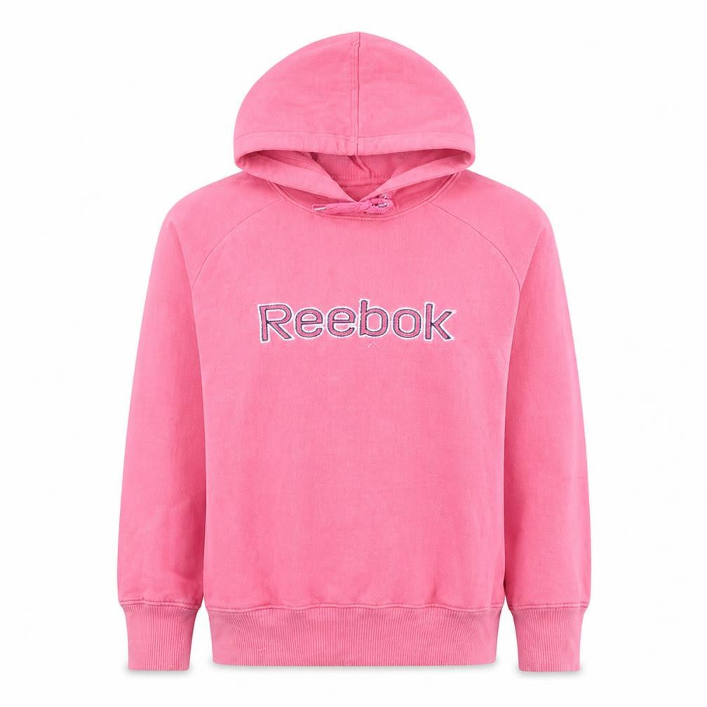 Front view of Reebok women’s pink pullover hoodie l cotton blend logo sweatshirt