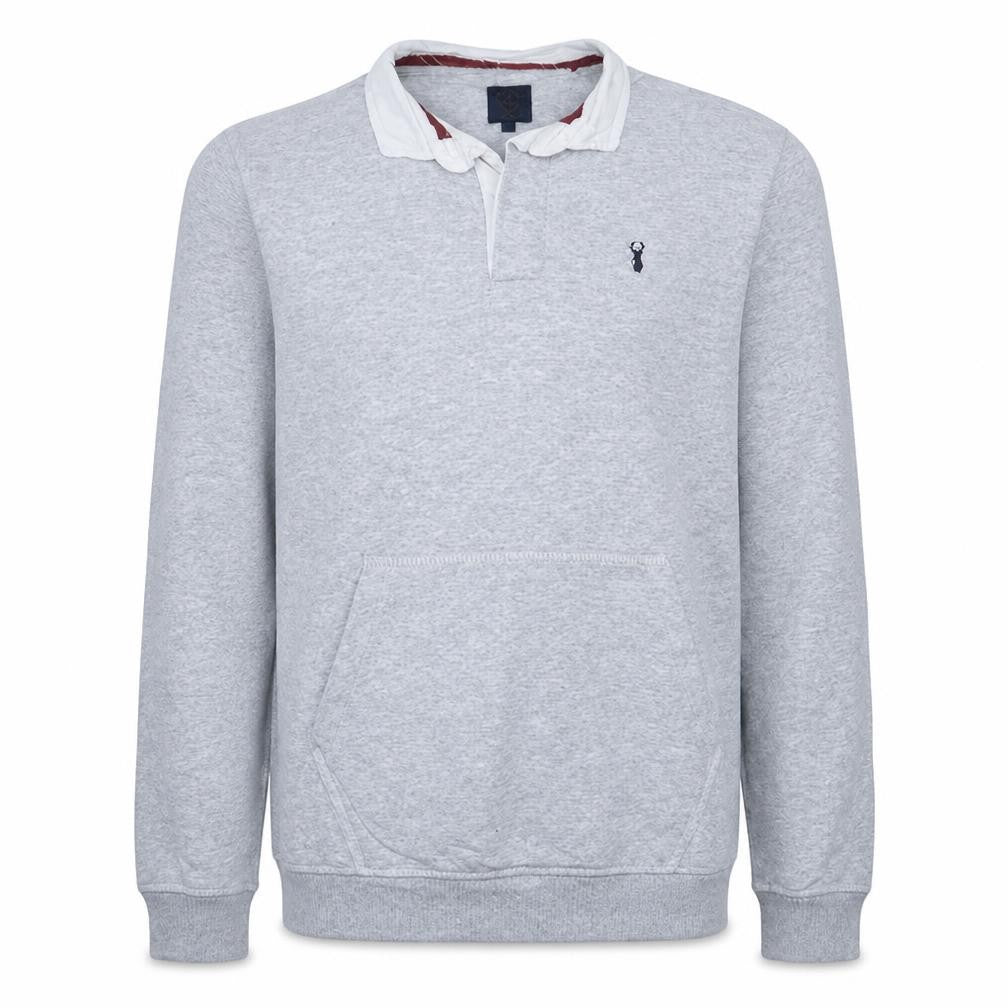Front view of Next Men's Grey Long Sleeve Polo Shirt, size S, Cotton Blend