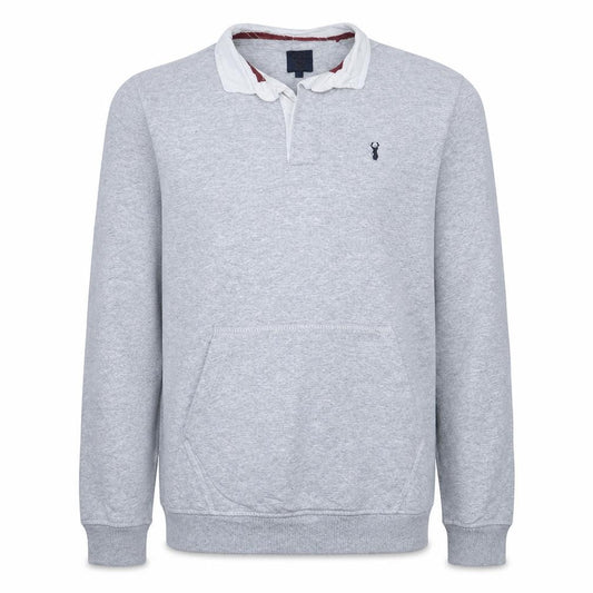 Front view of Next Men's Grey Long Sleeve Polo Shirt, size S, Cotton Blend