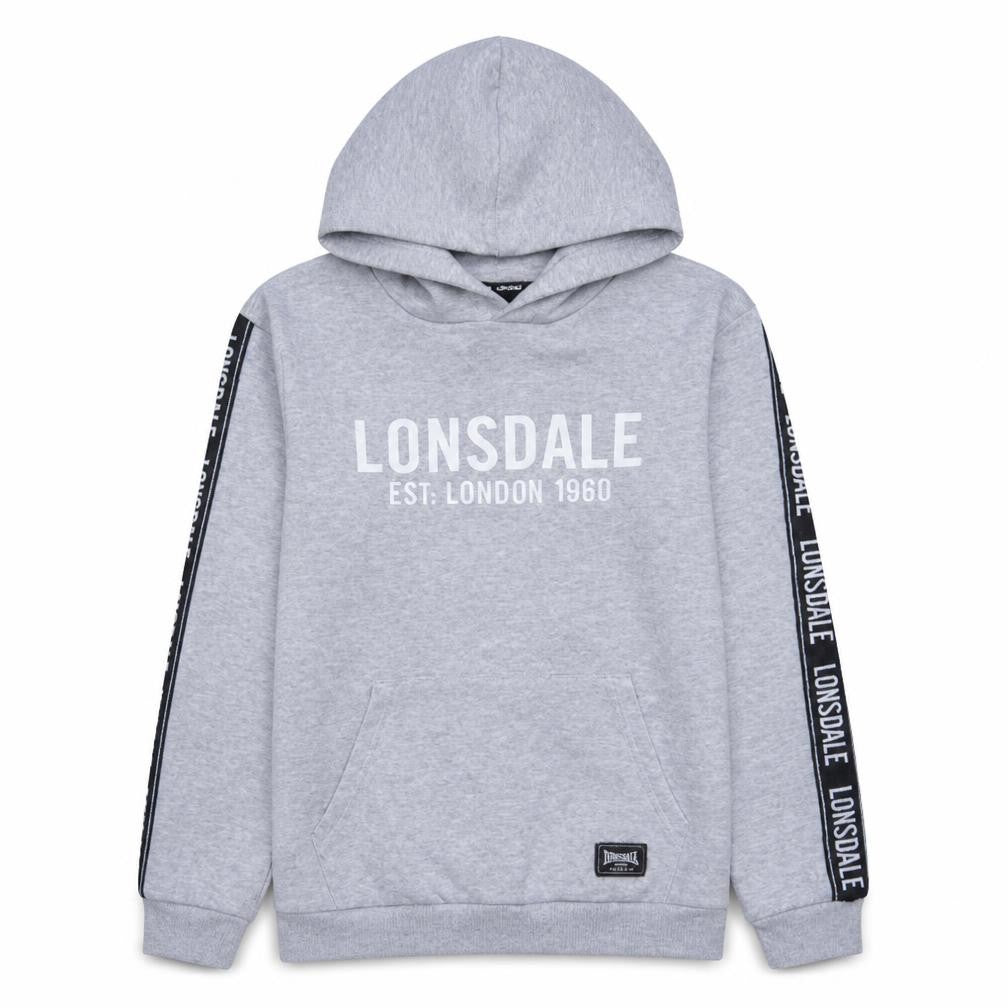 Front view of Lonsdale boys’ grey pullover hoodie, size 14, logo print casual sweatshirt