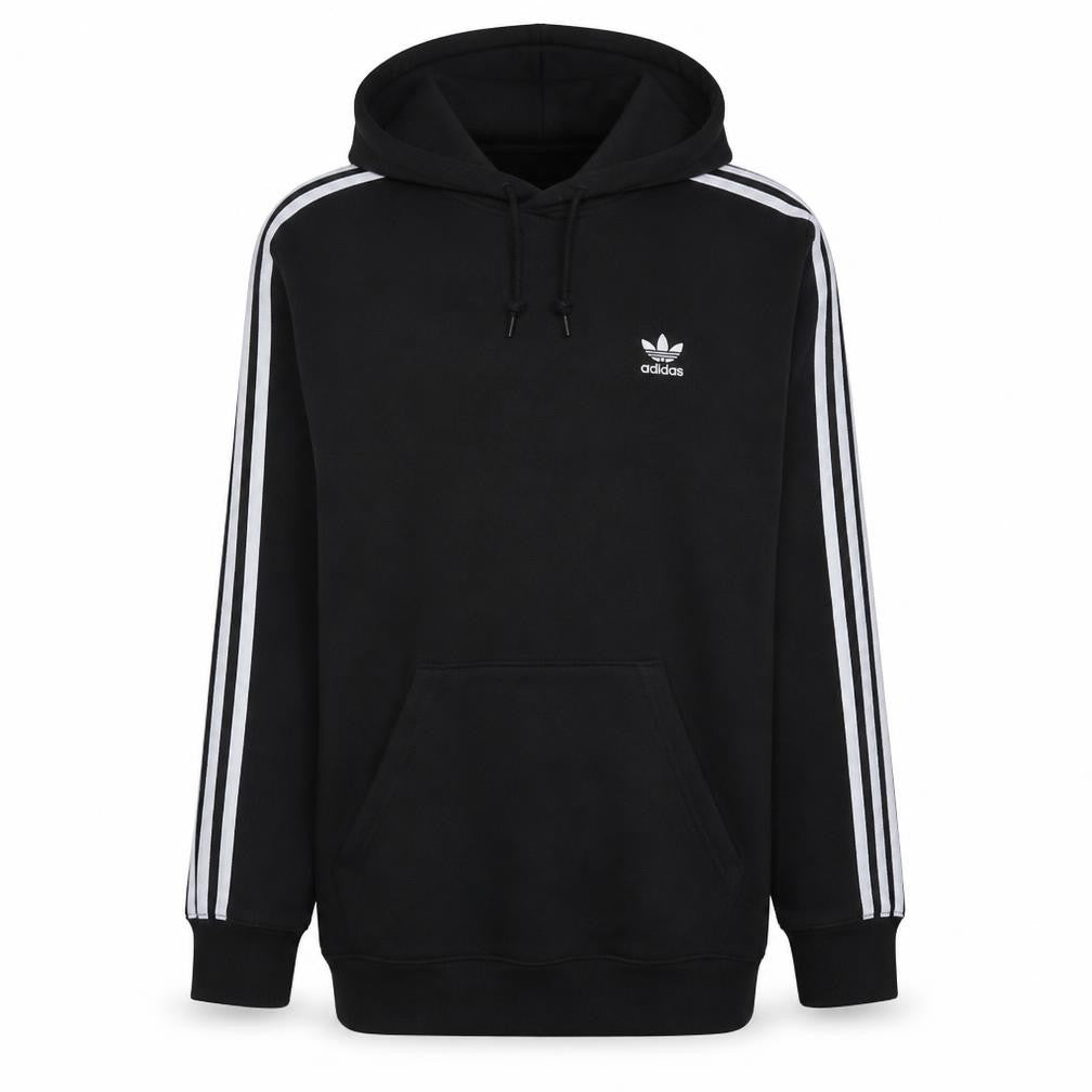 Front view of Adidas Men's Black Hoodie Medium Pullover 3-Stripes Classic Style