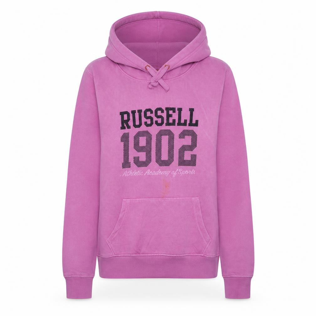 Front view of Russell Athletic women’s pink hoodie, size UK 10, pullover hooded sweatshirt