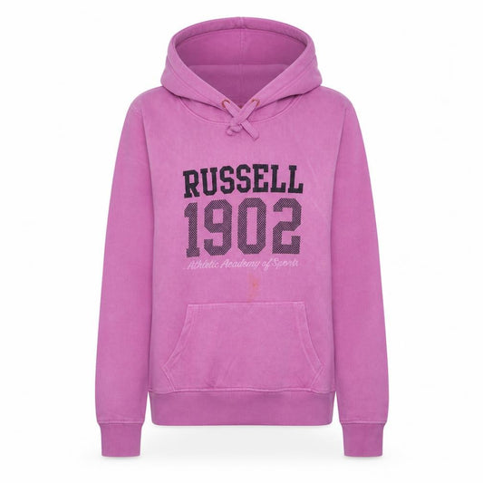 Front view of Russell Athletic women’s pink hoodie, size UK 10, pullover hooded sweatshirt