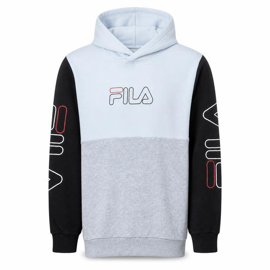 Front view of Fila men’s grey colour block hoodie small logo pullover
