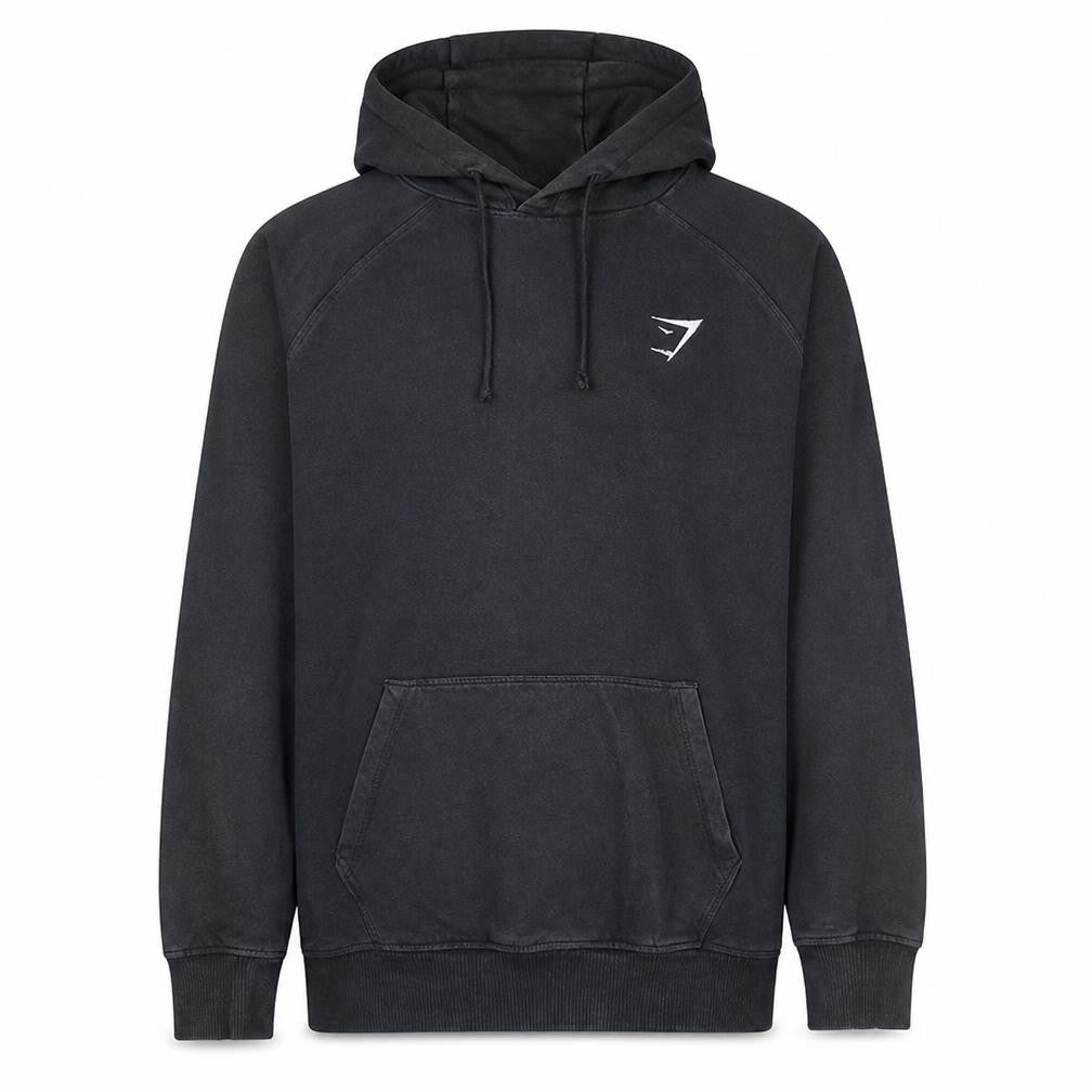 Front view of Gymshark Men’s Black Pullover Hoodie, size S, Regular Fit