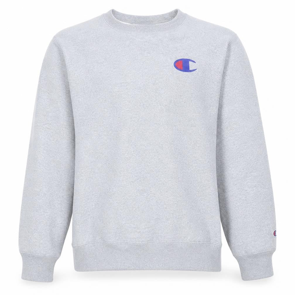 Front view of Champion Men’s Grey Pullover Crew Neck Sweatshirt M