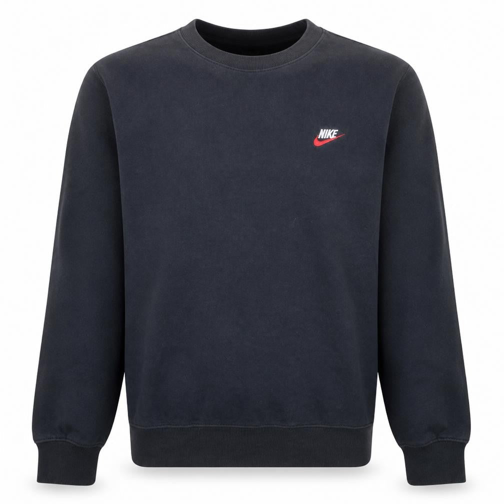 Front view of Nike Men's Black Crew Neck Sweatshirt M Cotton Blend Logo Pullover
