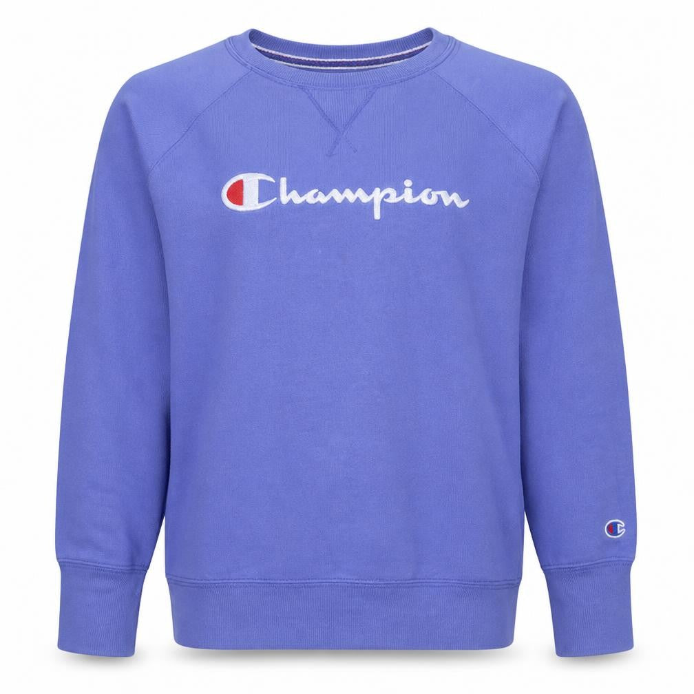 Front view of Champion Men's Blue L Pullover Crew Neck Logo Sweatshirt