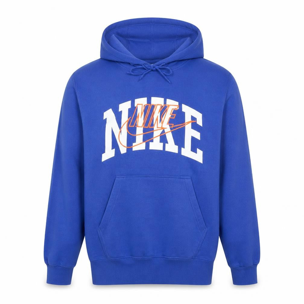 Front view of Nike Men’s Blue Pullover Hoodie, size M, Graphic Fleece Sweatshirt