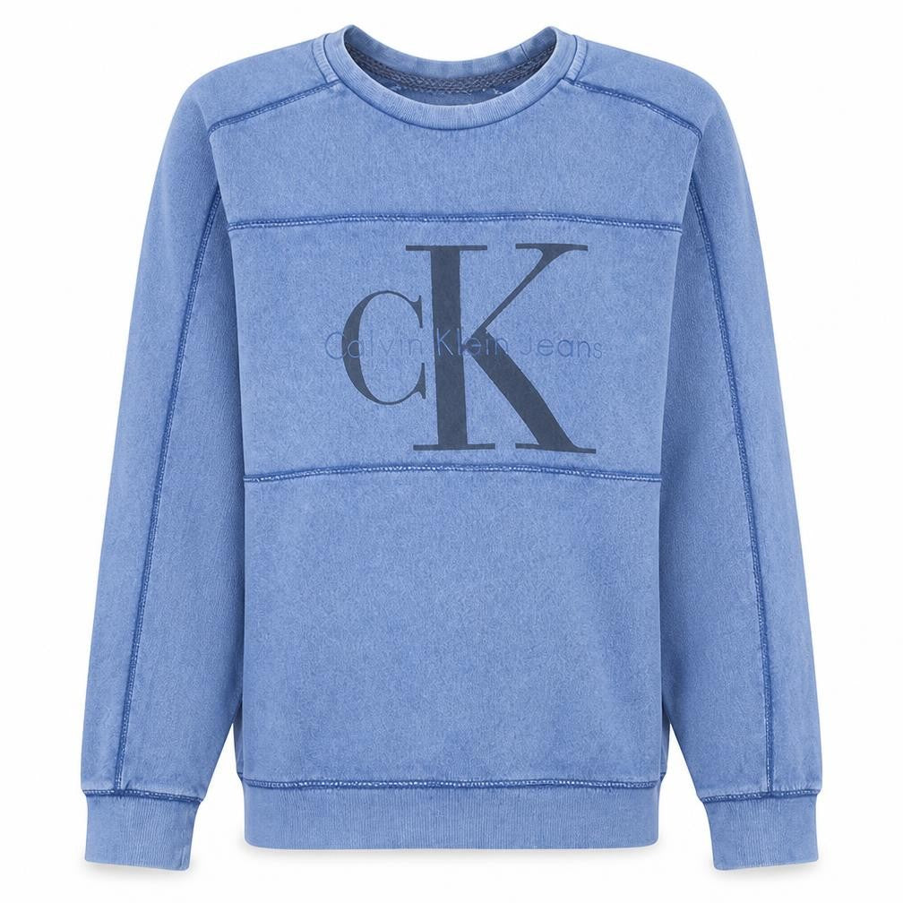 Front view of Calvin Klein Jeans Men's Blue Small Logo Crew Neck Sweatshirt