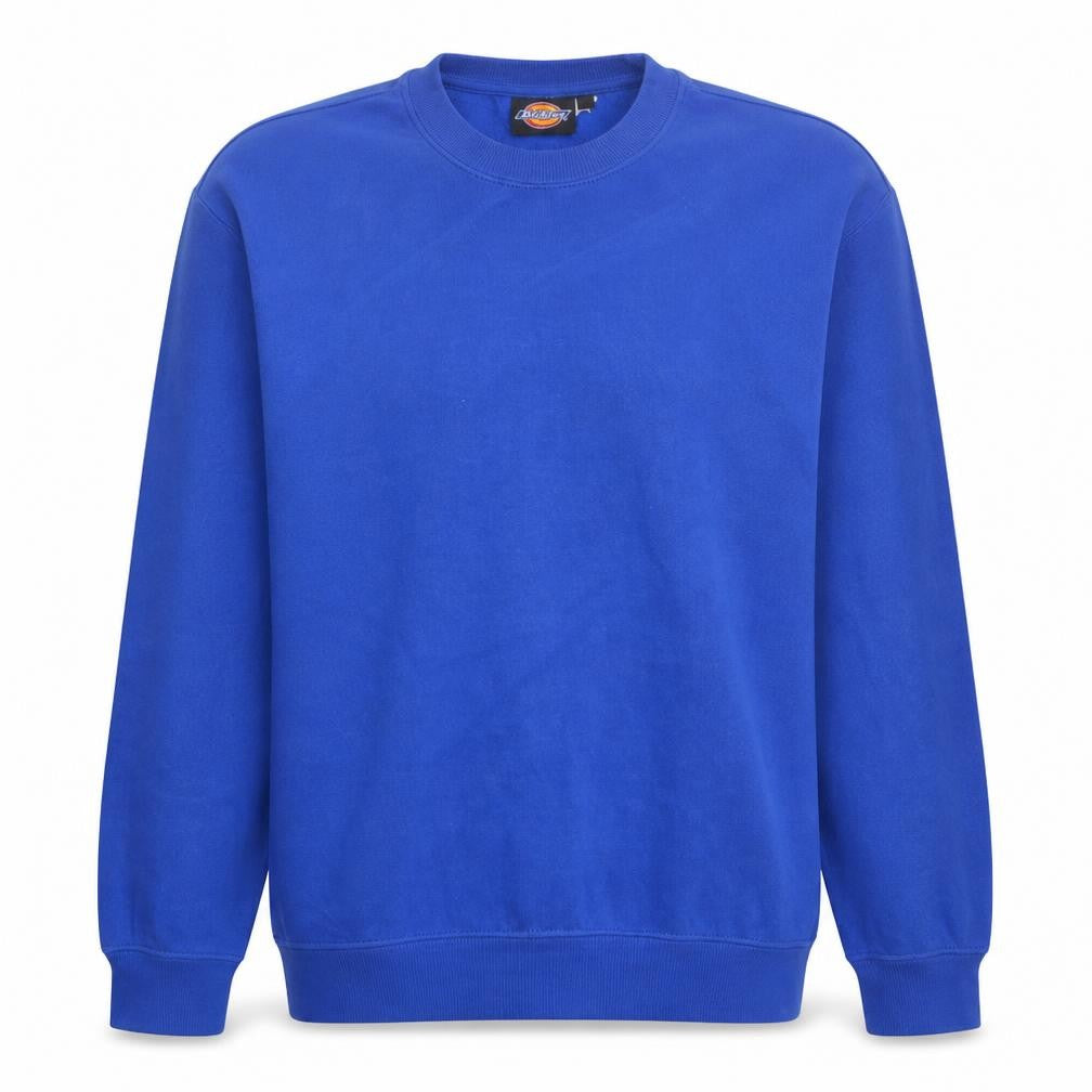 Front view of Dickies men’s blue crew neck sweatshirt l classic fit