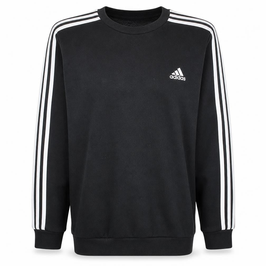Front view of Adidas men’s black crew neck pullover sweatshirt, size M